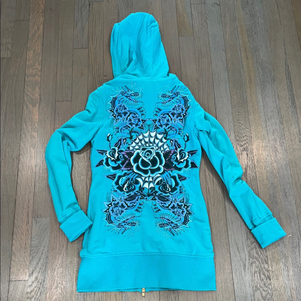 Auth Ed Hardy by Christian Audigier Women's Blue long Hoodie Jacket Sz M